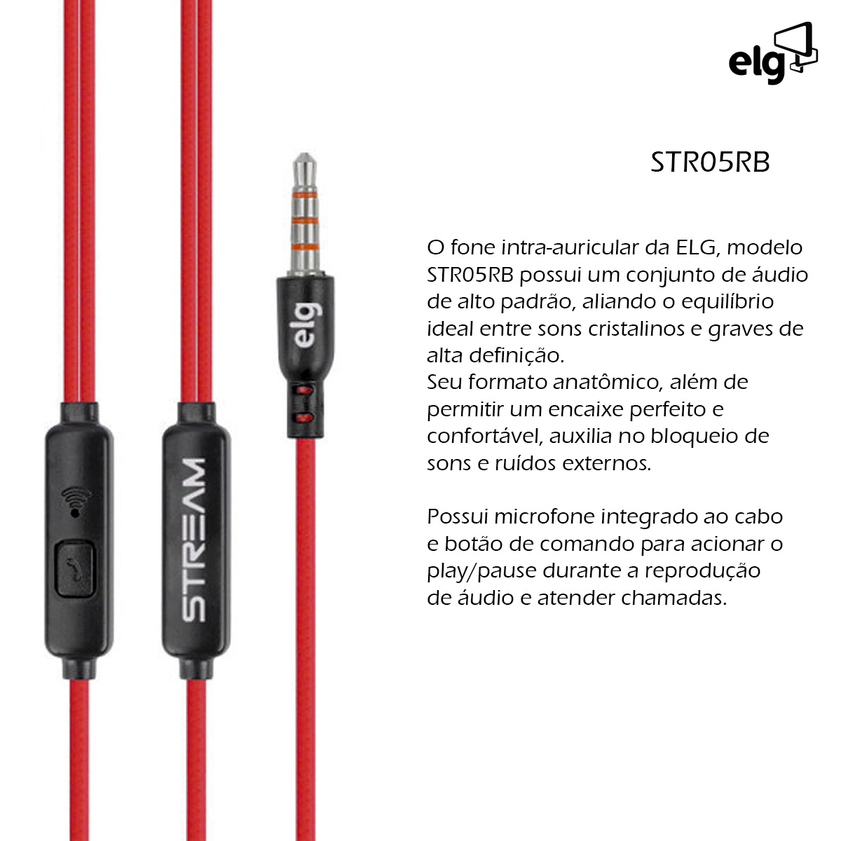 Fone De Ouvido Intra-auricular Com Microfone 113dB Preto/Vermelho 1,2 Metros STR05RB - Elg