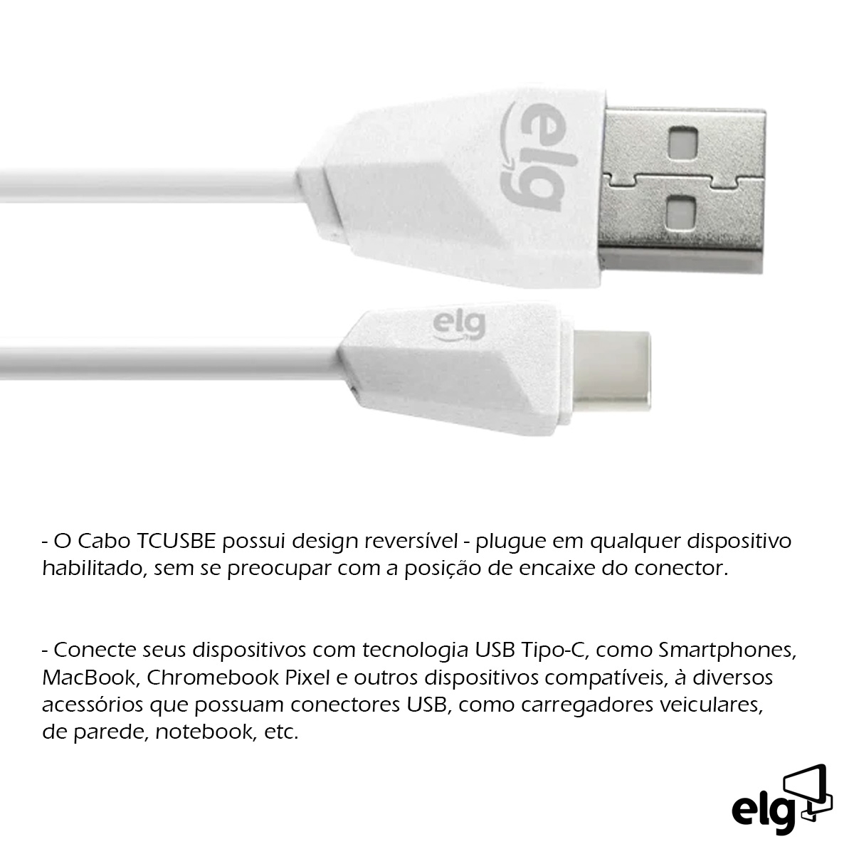 Cabo Usb Tipo C Flat Para Sincronização/Recarga De Android/Tablet Branco 1,25 Metros TCUSBE - Elg