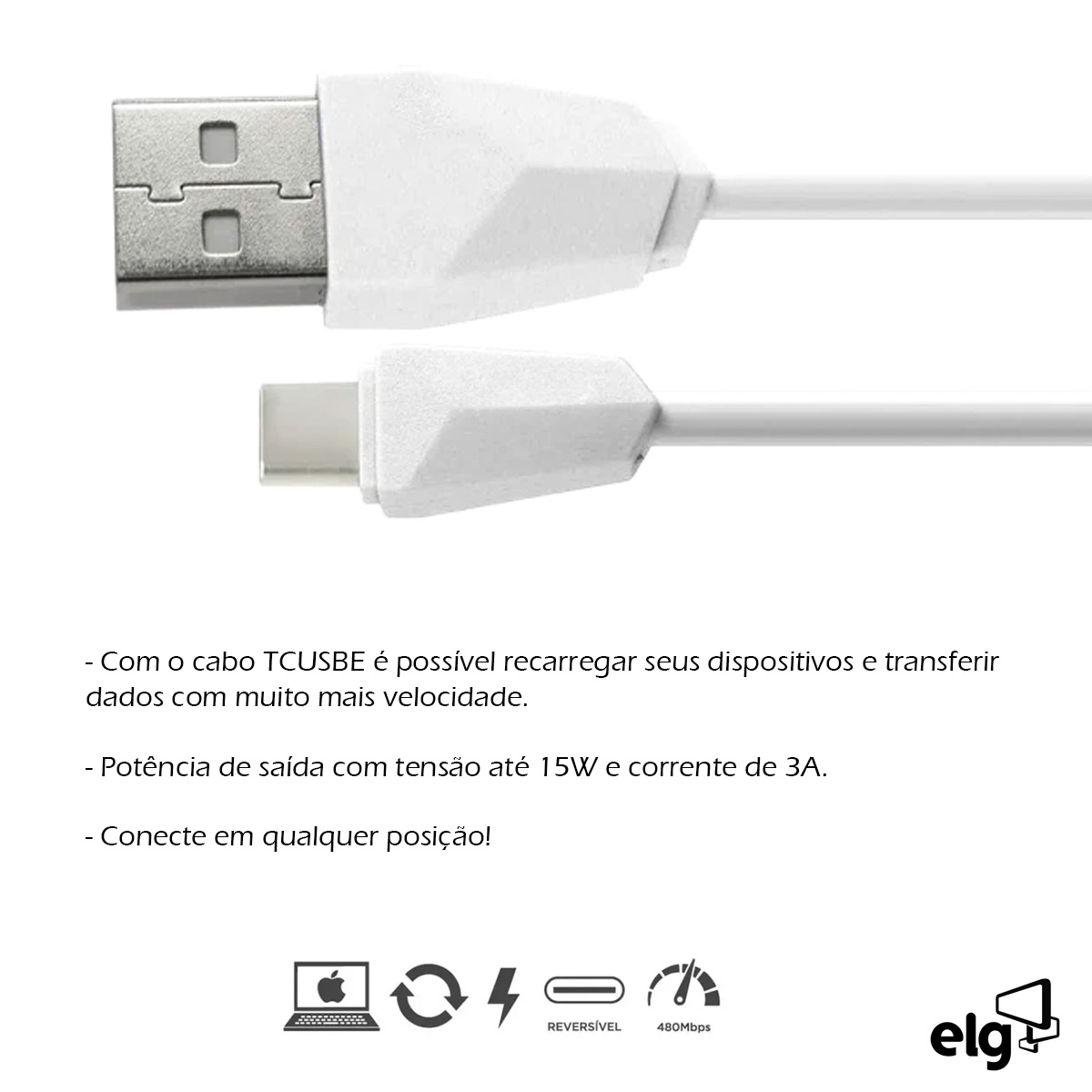Cabo Usb Tipo C Flat Para Sincronização/Recarga De Android/Tablet Branco 1,25 Metros TCUSBE - Elg