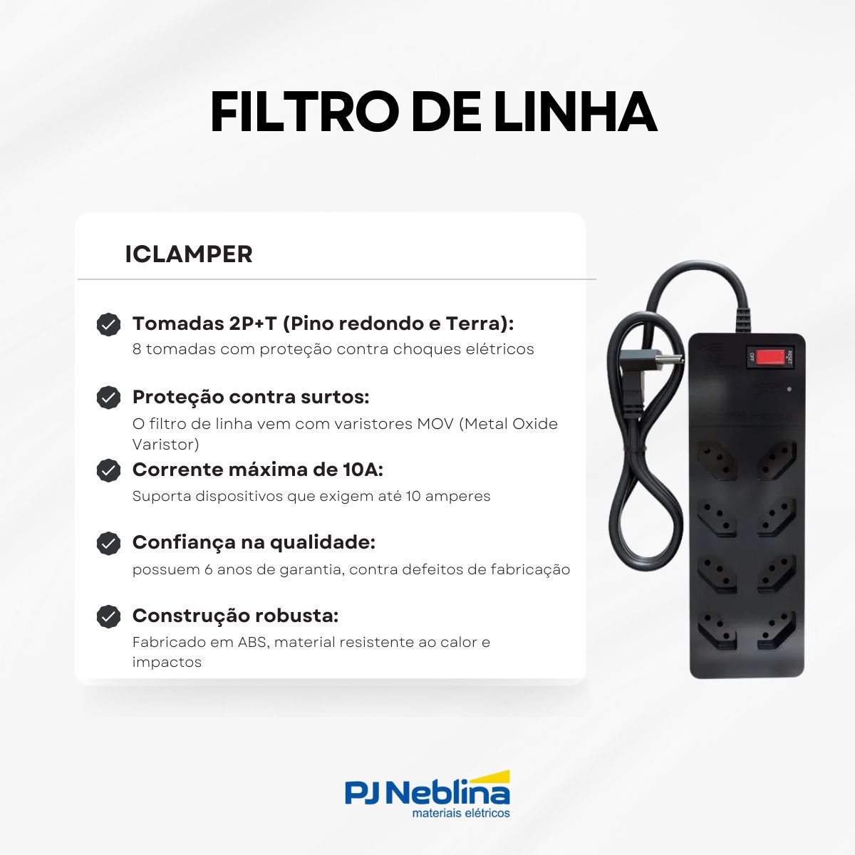 Filtro De Linha Iclamper Abs 8 Tomadas 2P+T 10A Bivolt Preto Cabo Pp 1,3Metros - Clamper