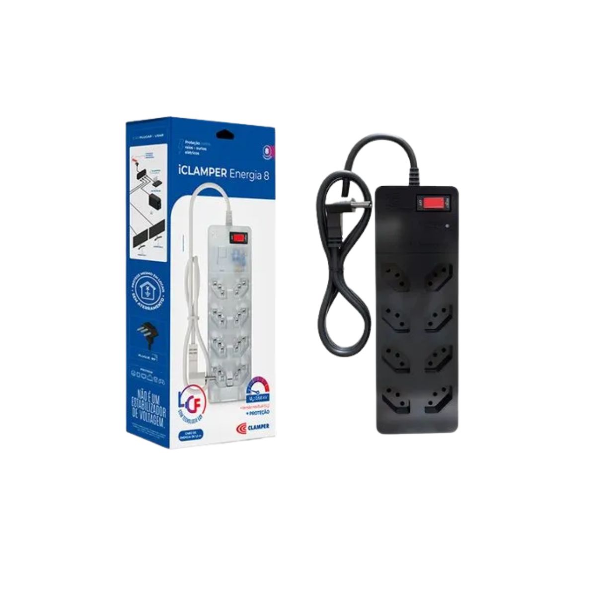 Filtro De Linha Iclamper Abs 8 Tomadas 2P+T 10A Bivolt Preto Cabo Pp 1,3Metros - Clamper