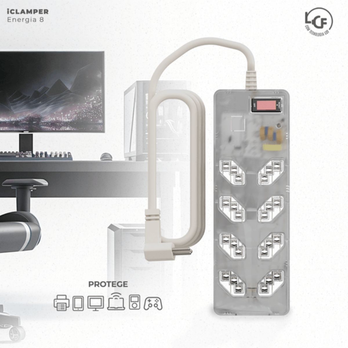 Filtro De Linha Iclamper Abs 8 Tomadas 2P+T 10A Bivolt Transparente Cabo Pp 1,3Metros - Clamper