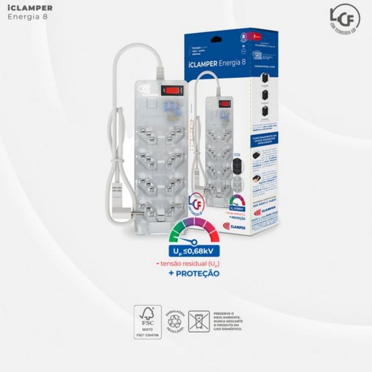 Filtro De Linha Iclamper Abs 8 Tomadas 2P+T 10A Bivolt Transparente Cabo Pp 1,3Metros - Clamper