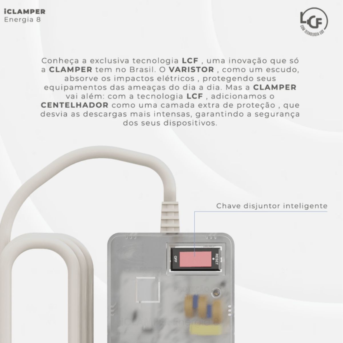 Filtro De Linha Iclamper Abs 8 Tomadas 2P+T 10A Bivolt Transparente Cabo Pp 1,3Metros - Clamper