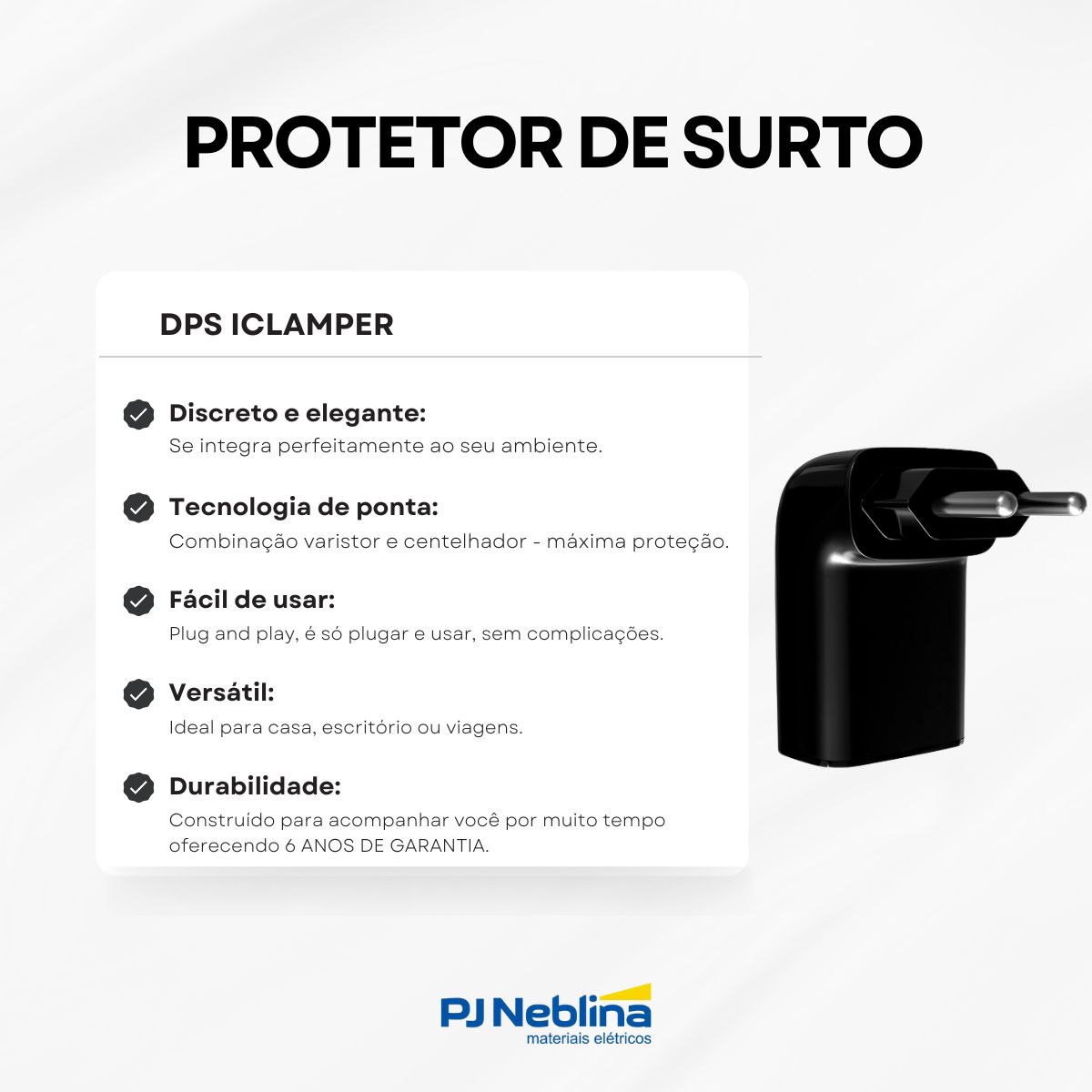 Protetor Surto Dps Tomada Iclamper Pocket Fit 2 Polos Bivolt 10A 6Ka Preto Classe III - Clamper