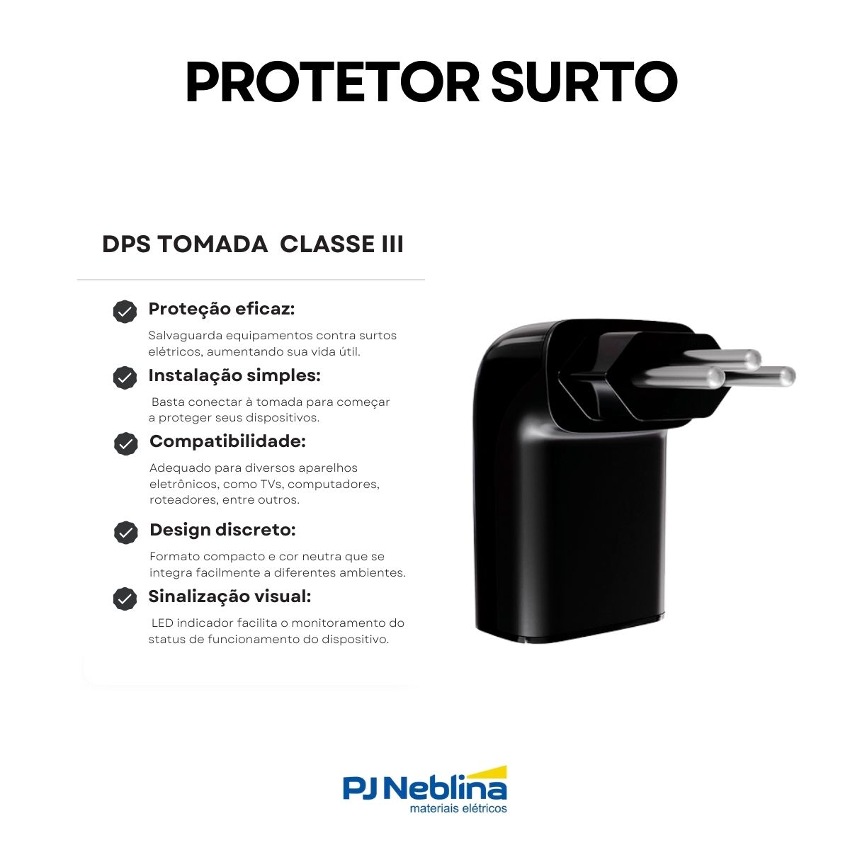Protetor Surto Dps Tomada Iclamper Pocket Fit 2P+T Bivolt 10A 6Ka Preto Classe III - Clamper