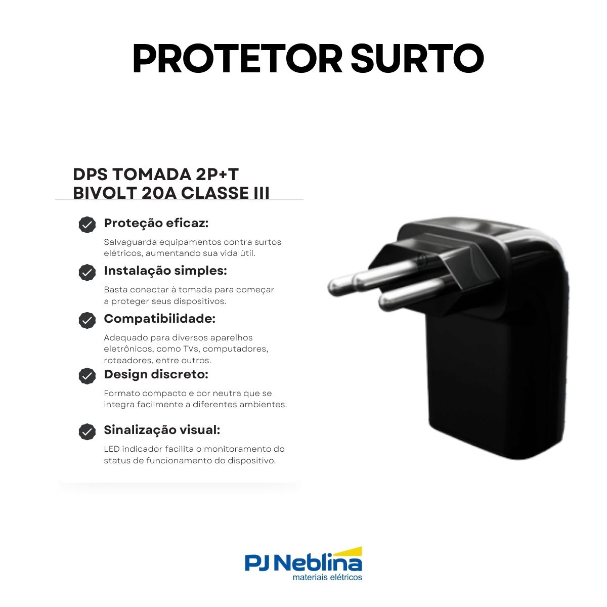 Protetor Surto Dps Tomada Iclamper Pocket Fit 2P+T Bivolt 20A 6Ka Preto Classe III - Clamper