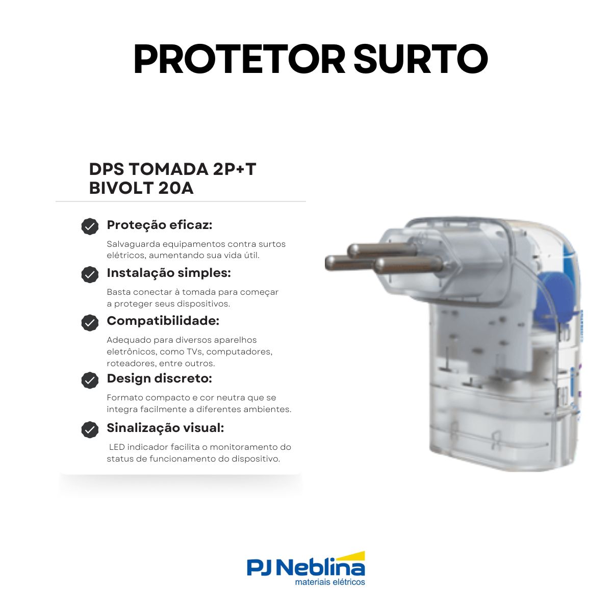 Protetor Surto Dps Tomada Iclamper Pocket Fit 2P+T Bivolt 20A 6Ka Transp Classe III - Clamper