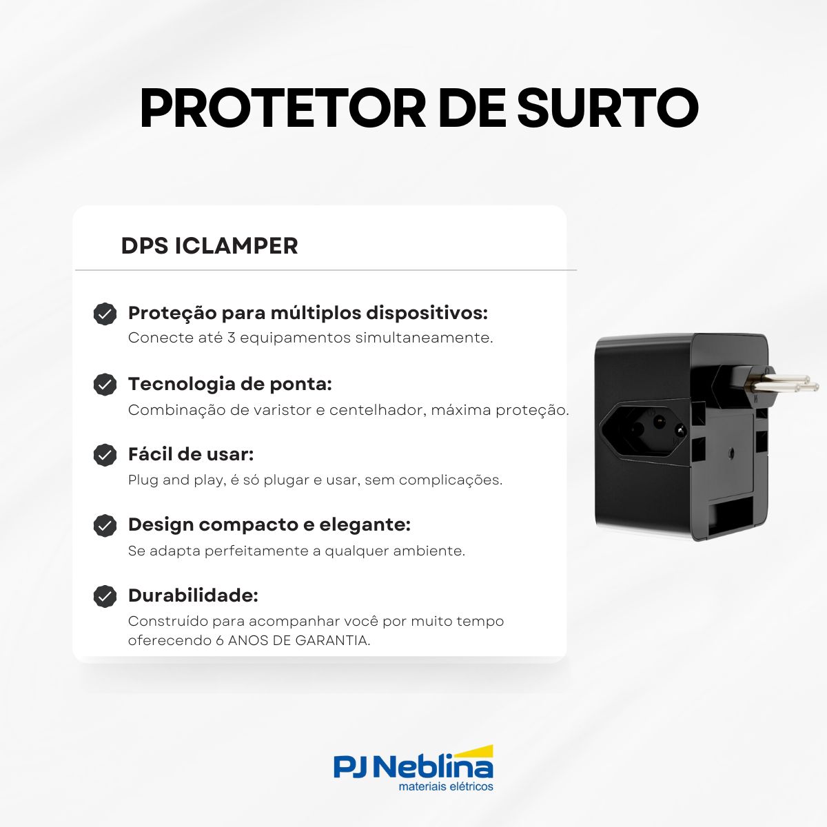 Protetor Surto Dps Tomada Iclamper 2P+T Bivolt 10A 4,5Ka Preto Classe Iii Com 3 Tomadas - Clamper
