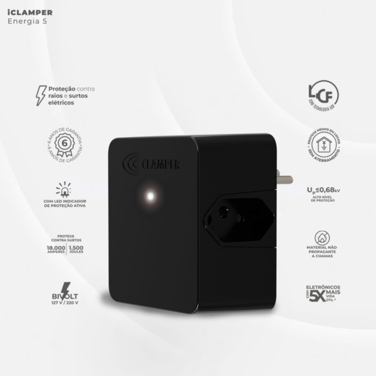 Protetor Surto Dps Tomada Iclamper 2P+T Bivolt 10A 4,5Ka Preto Classe Iii Com 3 Tomadas - Clamper
