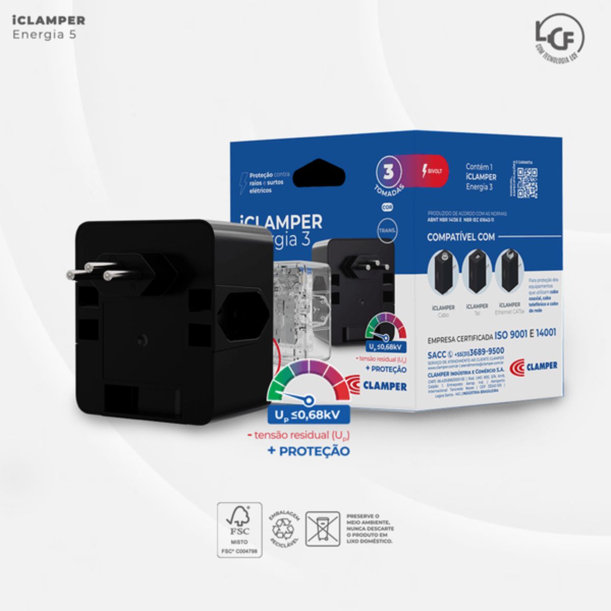 Protetor Surto Dps Tomada Iclamper 2P+T Bivolt 10A 4,5Ka Preto Classe Iii Com 3 Tomadas - Clamper