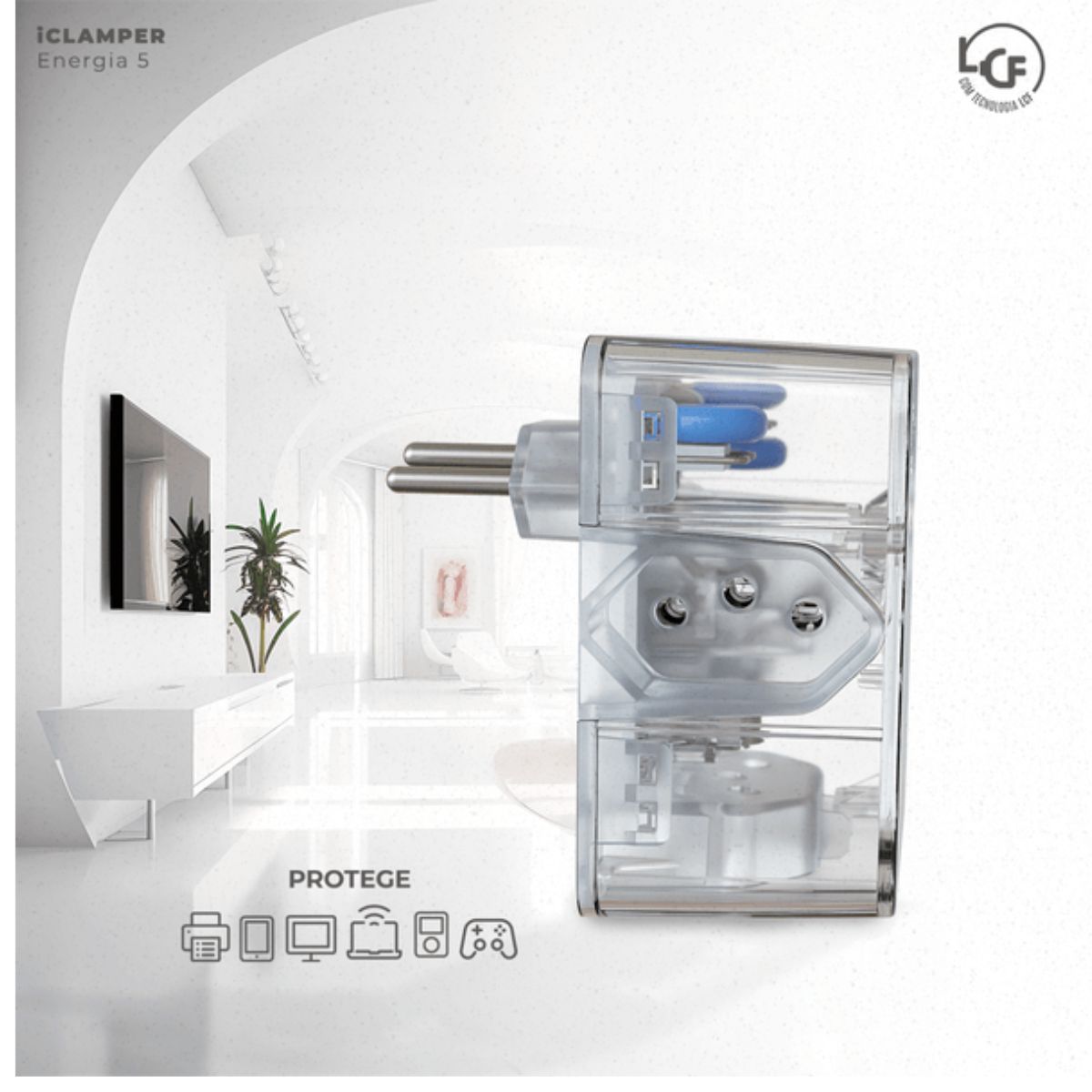 Protetor Surto Dps Tomada Iclamper 2P+T Bivolt 10A 4,5Ka Transparente Classe III Com 3 Tomadas - Clamper