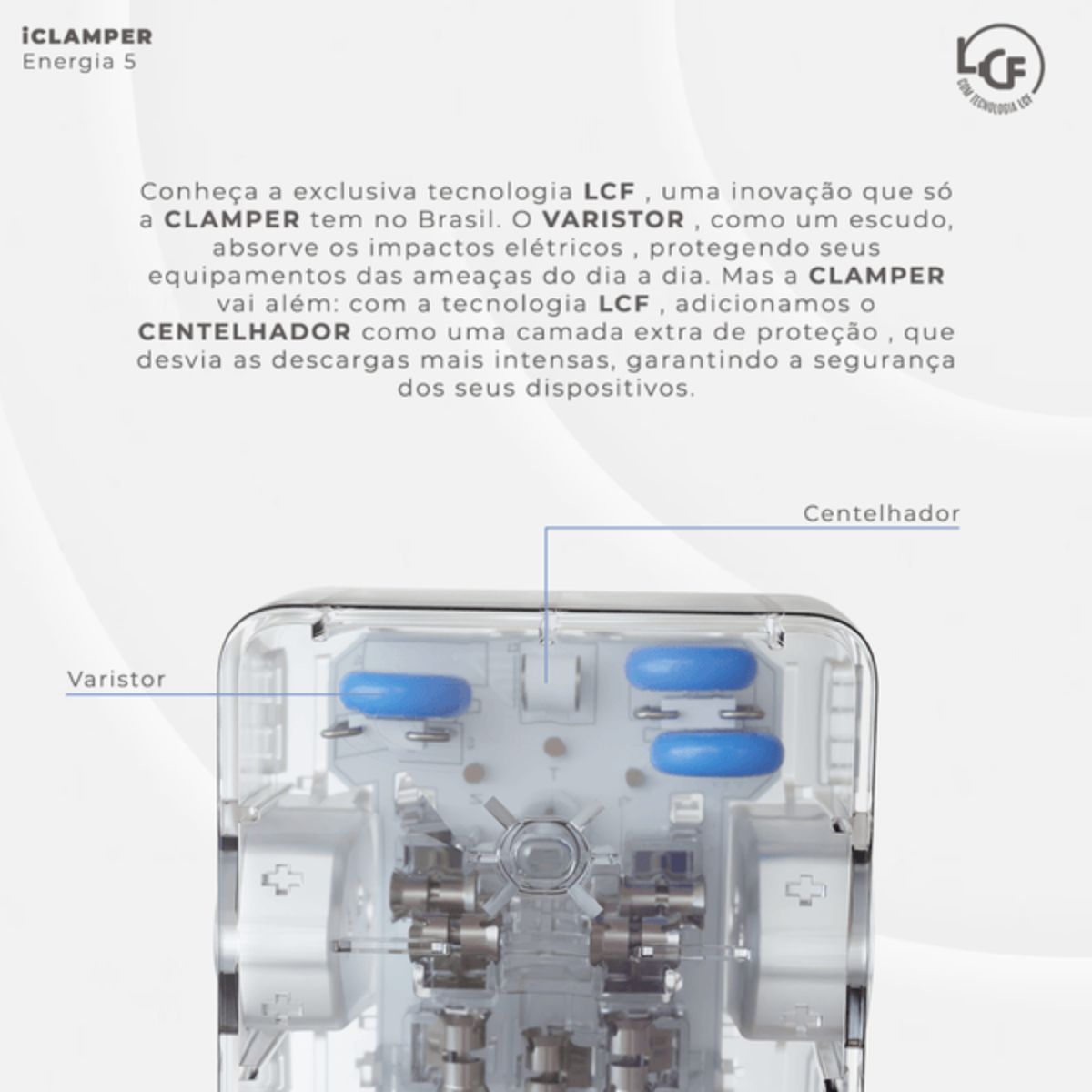 Protetor Surto Dps Tomada Iclamper 2P+T Bivolt 10A 4,5Ka Transparente Classe III Com 3 Tomadas - Clamper