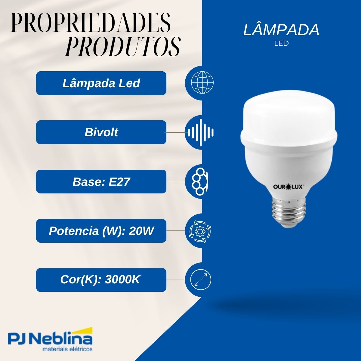 Lampada Led Bulbo Alta Potencia T 20w Bivolt E27 3000k Branc