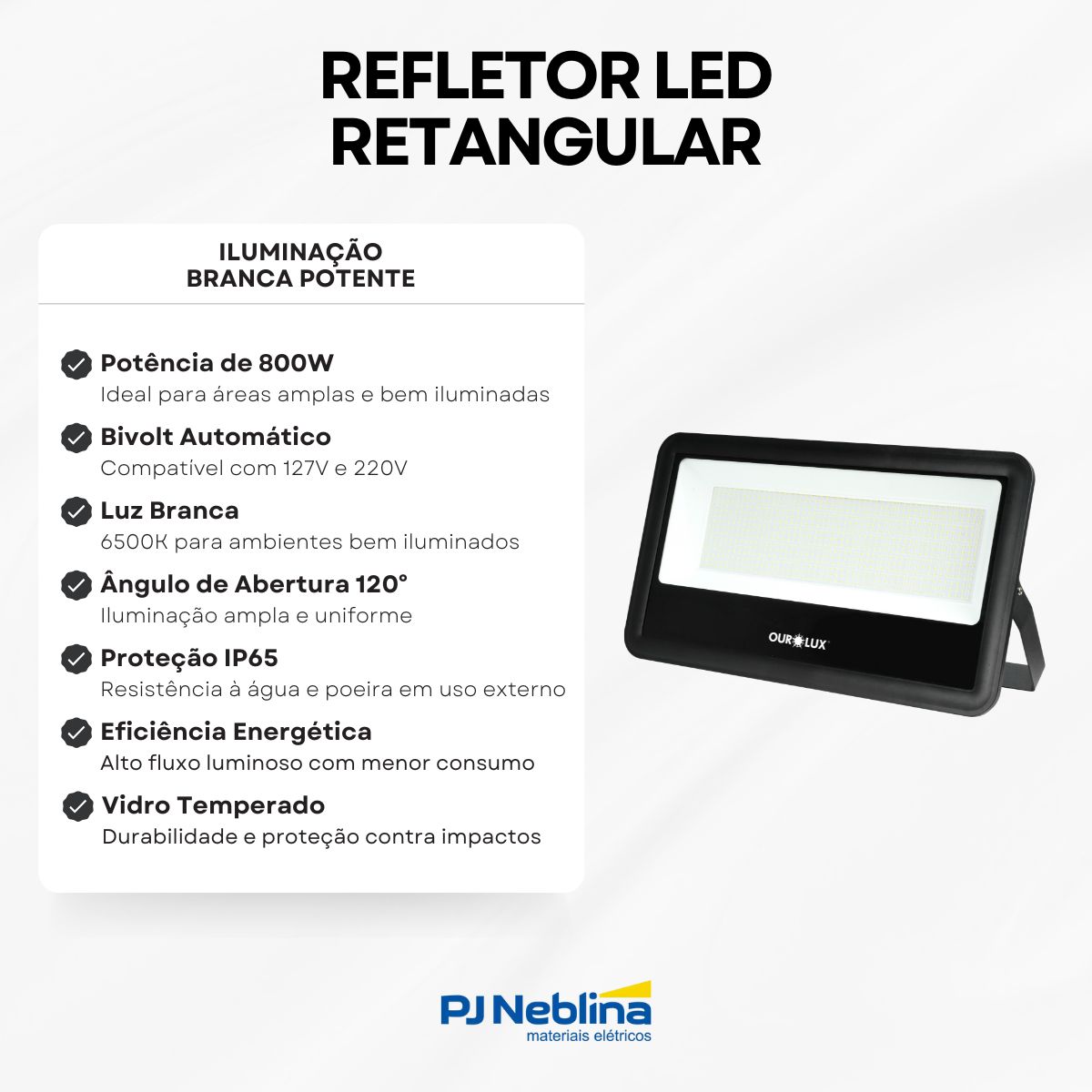 Refletor Led Preto 800W Bivolt Branco Frio 62000Lm - Ourolux