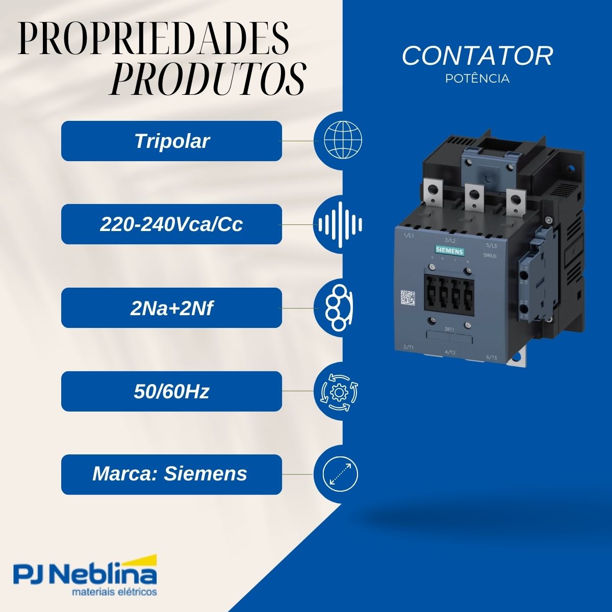 Contator Potencia Tripolar 97A 220-240Vca/Cc 2Na+2Nf 50/60Hz - Siemens