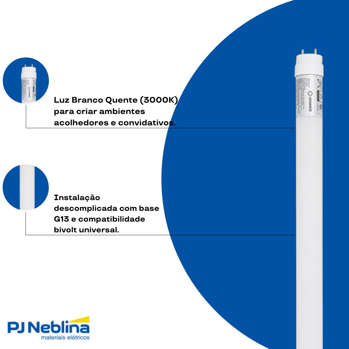 Lâmpada Led Tubular T8 18W Bivolt G13 3000K Branco Quente Luz Amarela 1850Lm 1200Mm Vidro - Ledvance