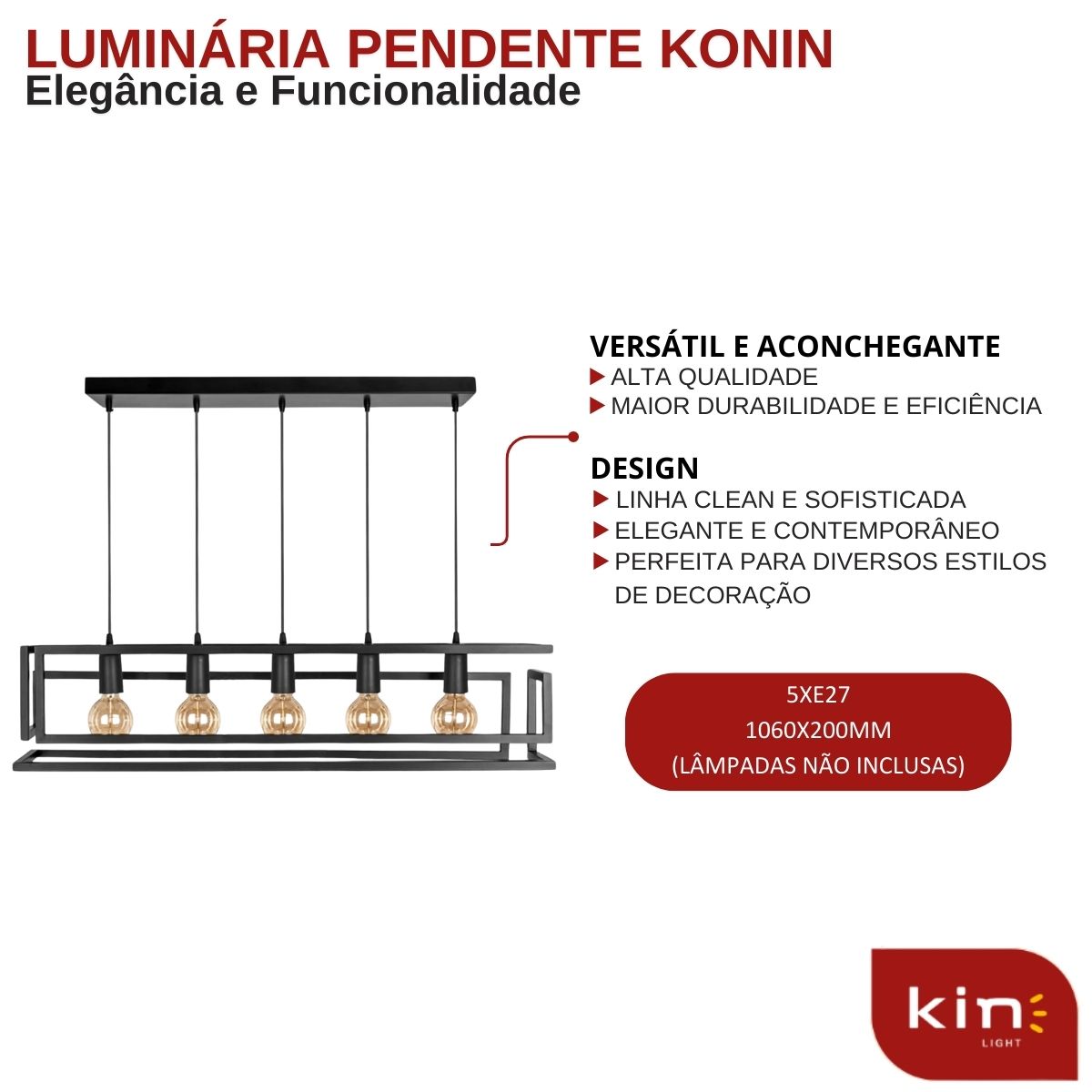 Luminária Pendente Konin Preto 5 Lâmpadas - Kin Light