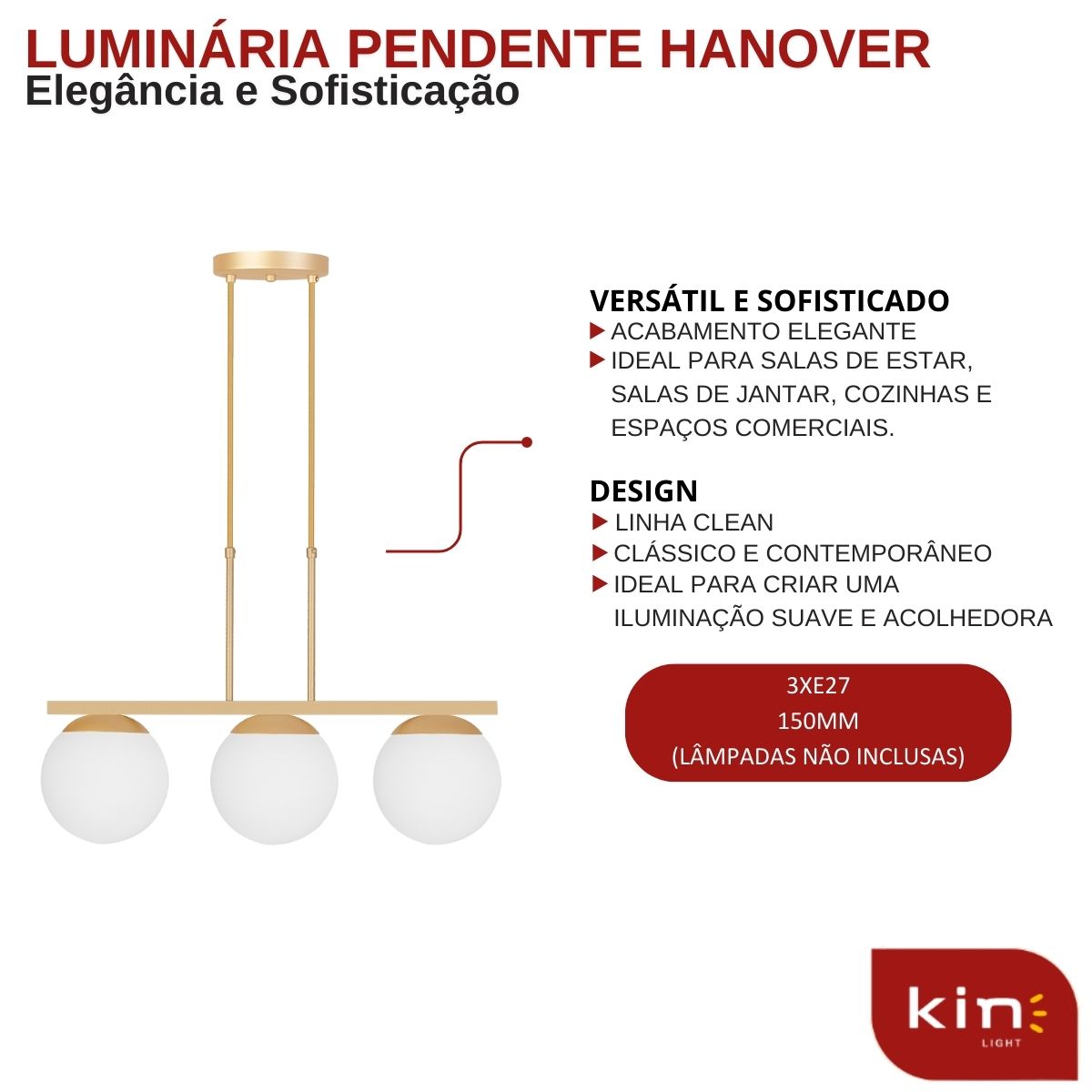 Pendente Hanover Champanhe e Dourado 3 Lâmpadas - Kin Light