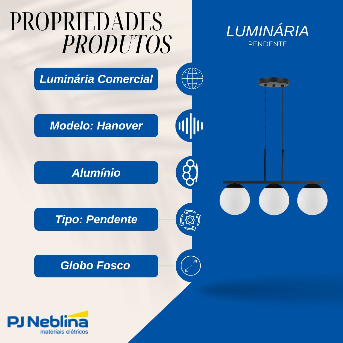 Luminaria Pendente Hanover Pt 3xe27 Globo Fosco