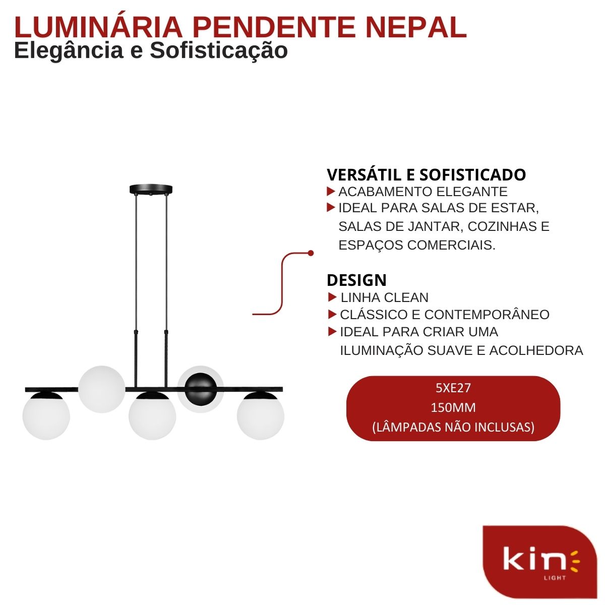 Pendente Hanover Preto 5 Lâmpadas - Kin Light