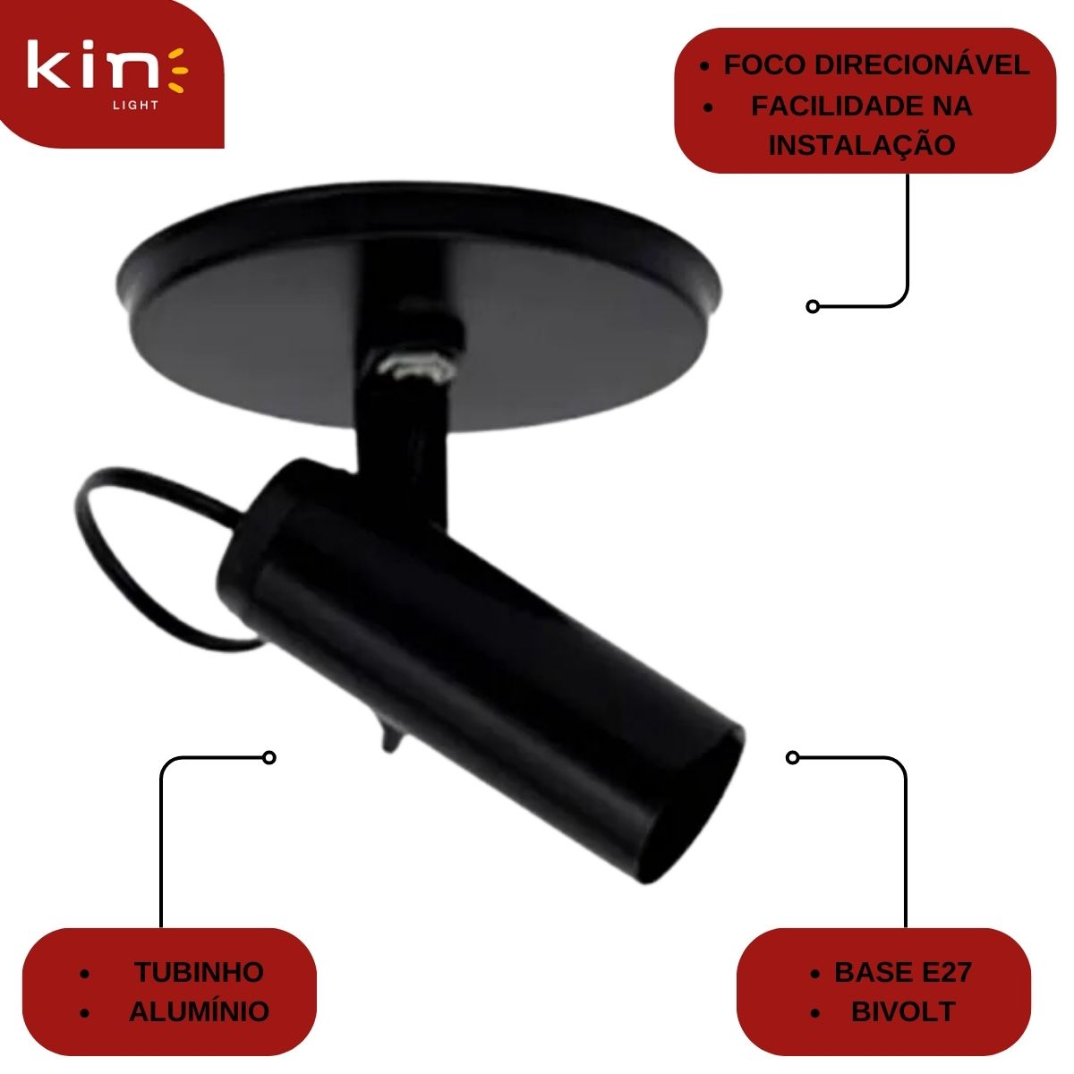 Luminária Spot Tubinho Preto Foco Direcionável - Kin Light