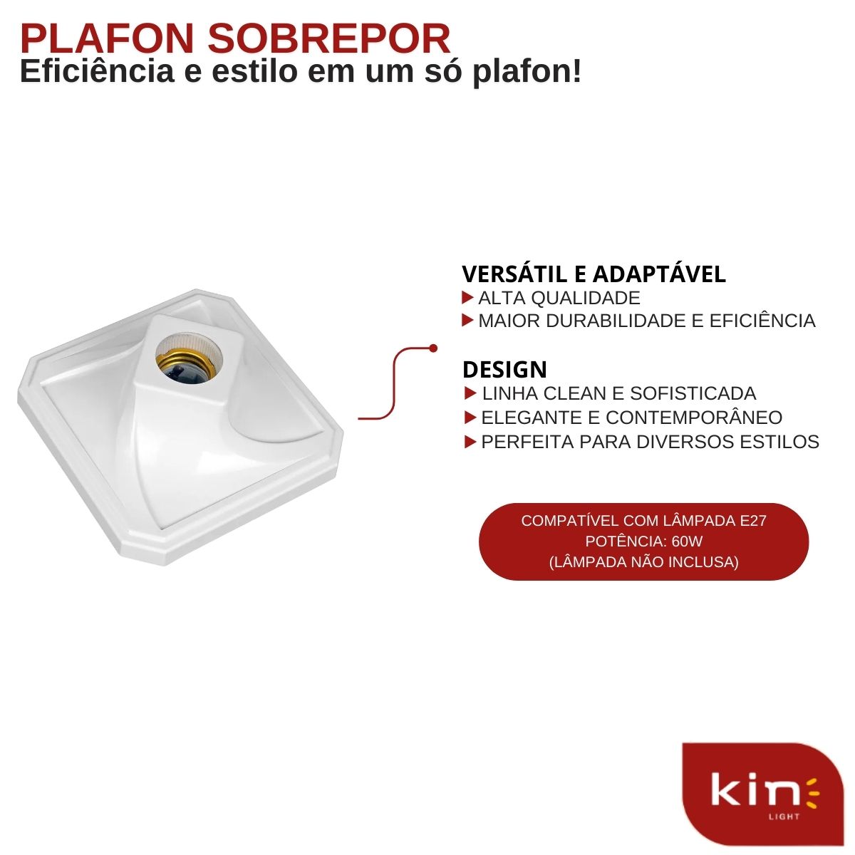 Plafon Sobrepor Quadrado Branco - Kin Light