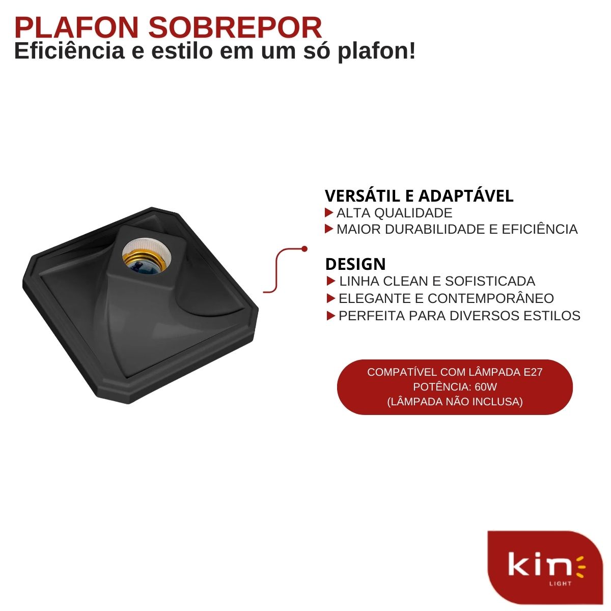 Plafon Sobrepor Quadrado Preto - Kin Light