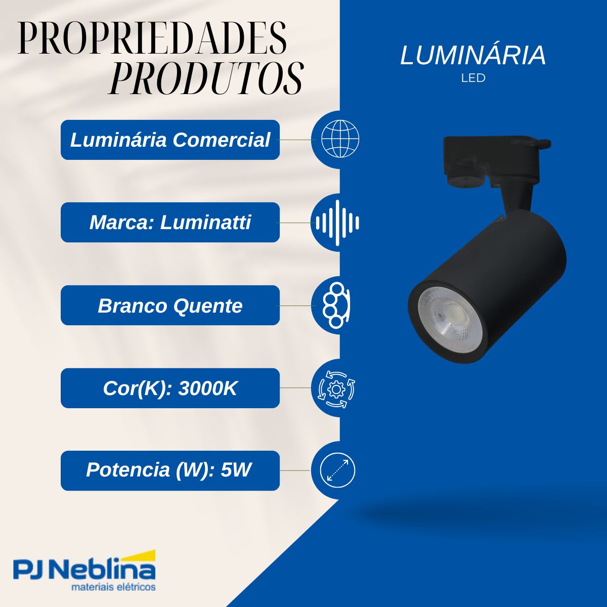 Luminária Spot Led Trilho Redondo Preto 5W Bivolt 3000K Branco Quente 325Lm Foco Direcionável - Luminatti