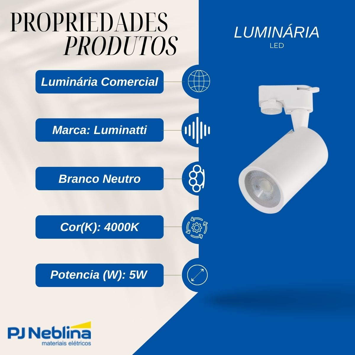 Luminária Spot Led Trilho Redondo Branco 5W Bivolt 4000K Branco Neutro 325Lm Foco Direcionável (Facho 52G) - Luminatti
