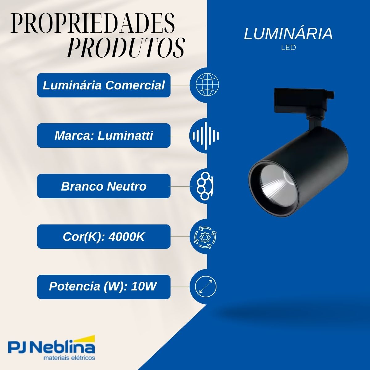 Luminária Spot Led Trilho Redondo Preto 10W Bivolt 4000K Branco Neutro 700Lm Foco Direcionável (Facho 23G) - Luminatti