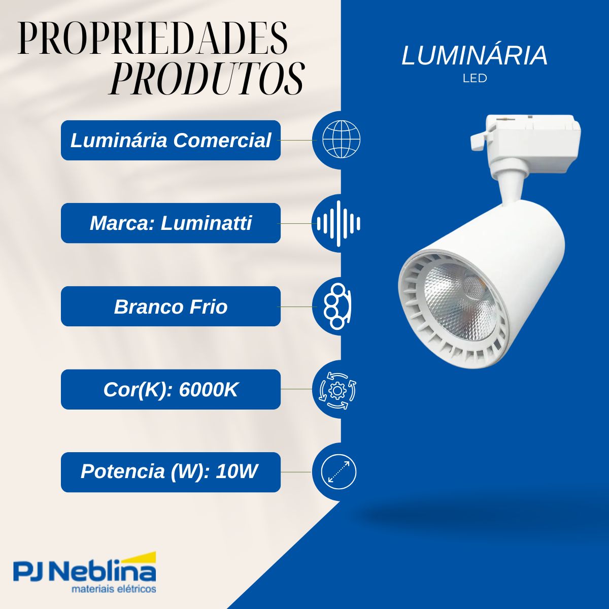 Luminária Spot Led Trilho Redondo Branco 10W Bivolt 6000K Branco Frio 700Lm Foco Direcionável (Facho 22G) - Luminatti
