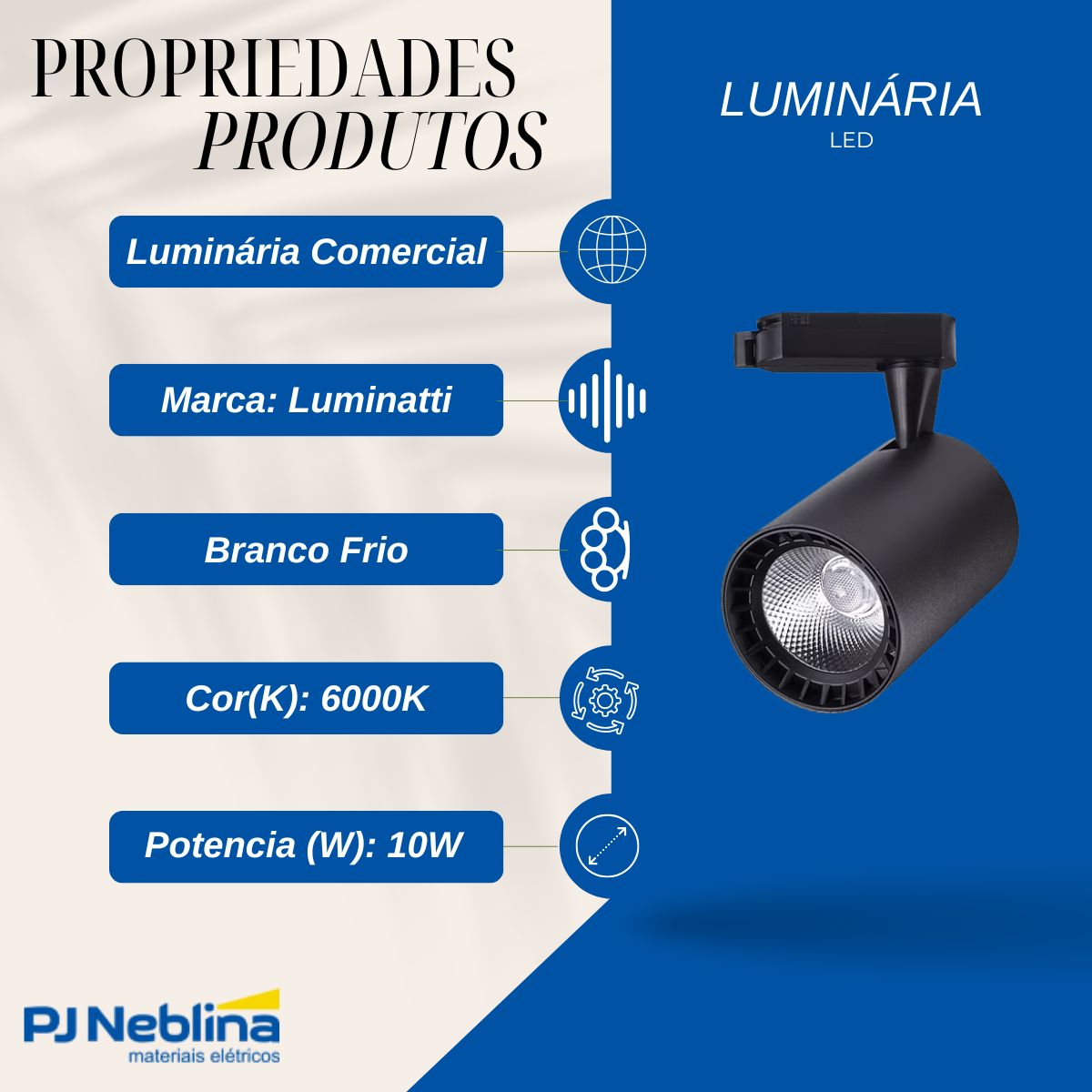Luminária Spot Led Trilho Redondo Preto 10W Bivolt 6000K Branco Frio 700Lm Foco Direcionável (Facho 22G) - Luminatti