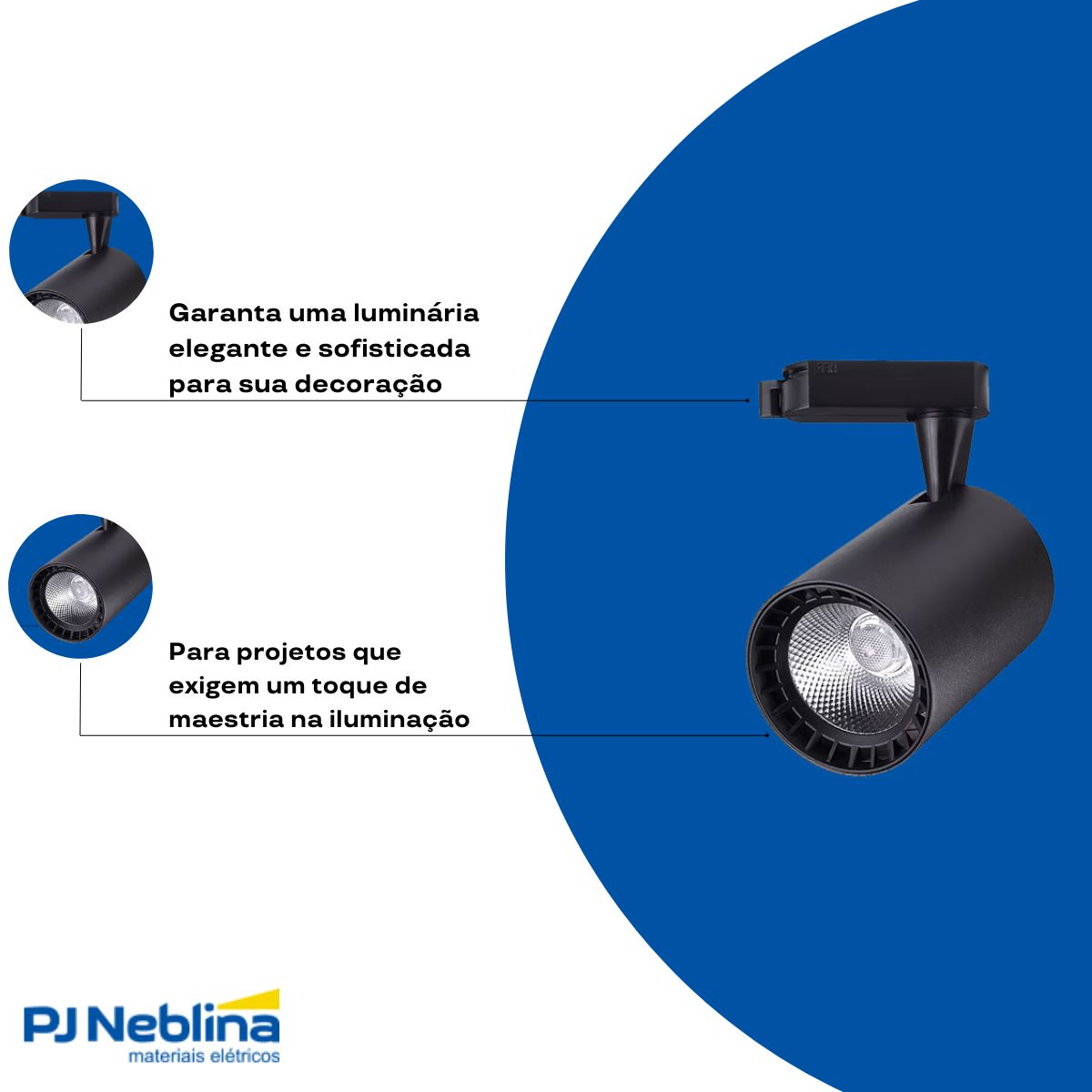 Luminária Spot Led Trilho Redondo Preto 10W Bivolt 6000K Branco Frio 700Lm Foco Direcionável (Facho 22G) - Luminatti