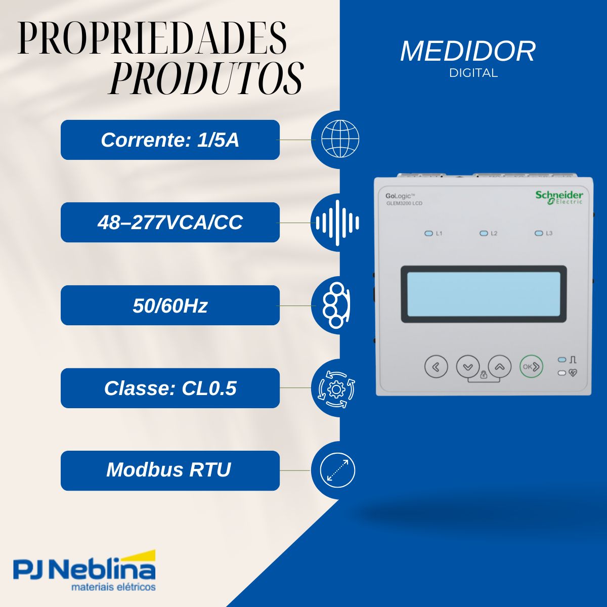 Medidor Digital Energia 1/5A 48-277Vca/Cc 50/60Hz Cl0.5 Modbus Rtu 96X96Mm Ip30/Ip51 Rs485 - Schneider