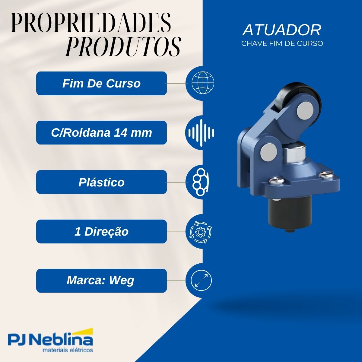 Atuador Chave Fim De Curso Alavanca C/Roldana 14Mm Plástico 1 Direção - Weg