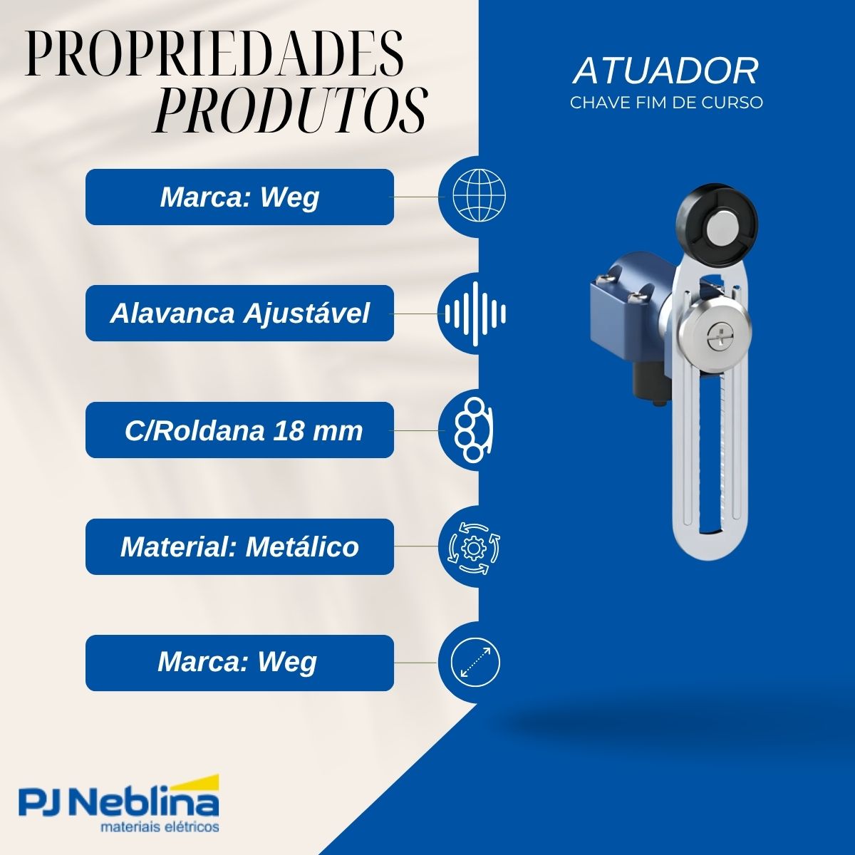 Atuador Chave Fim De Curso Alavanca Ajustável C/Roldana 18Mm Metálico - Weg