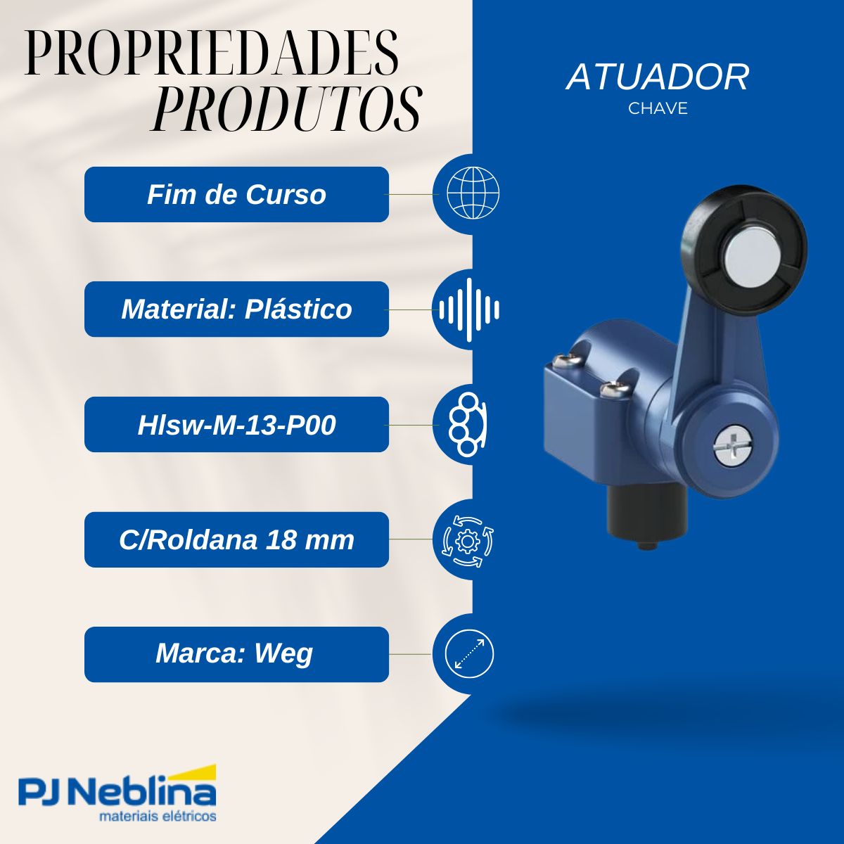 Atuador Chave Fim De Curso Alavanca C/Roldana 18 mm Plástico - Weg