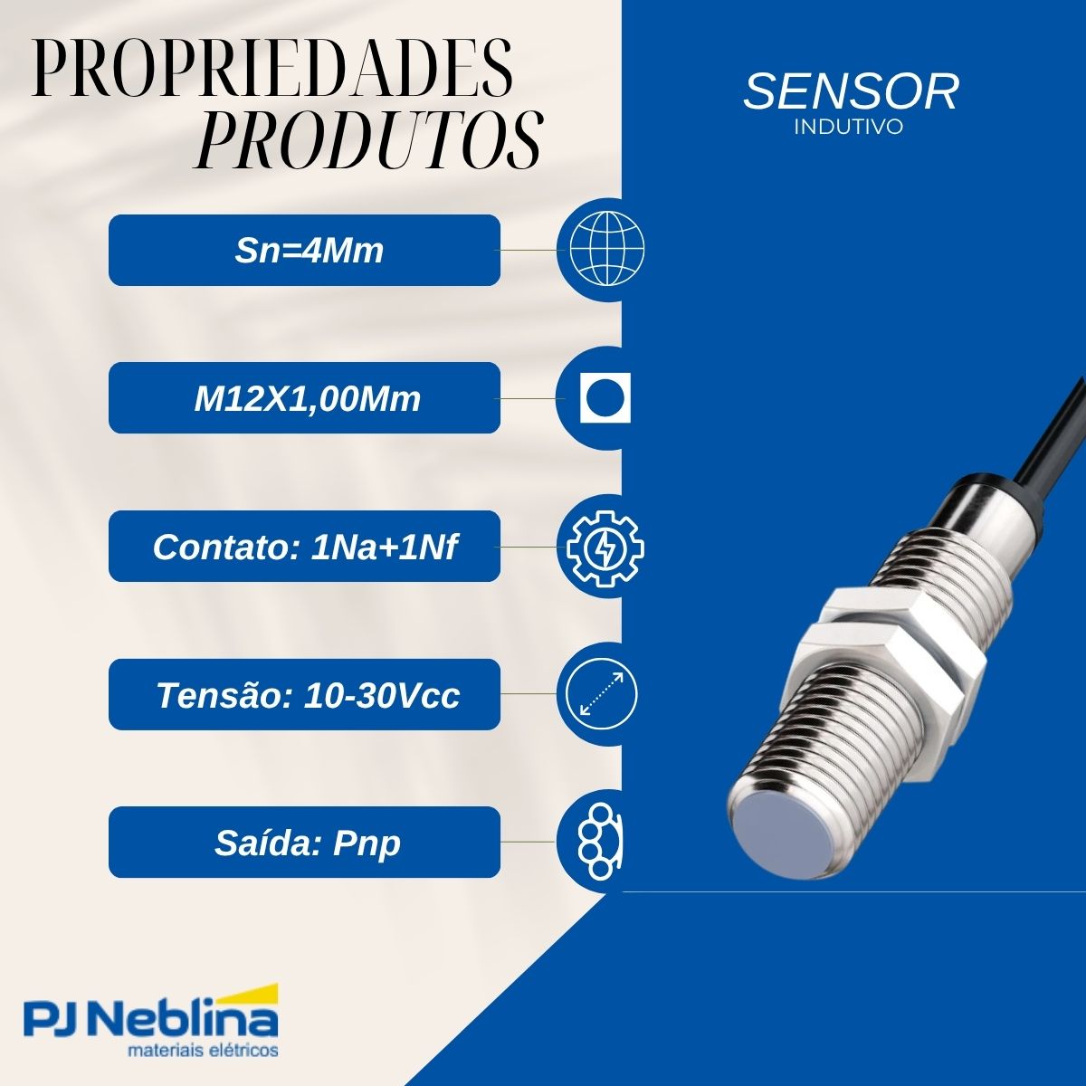 Sensor Indutivo Cilíndrico Roscado Sn=4Mm M12X1,00Mm Latão Niquelado 4 Fios 10-30Vcc Cabo 2 Metros Pnp 1Na+1Nf 1 Led - Weg