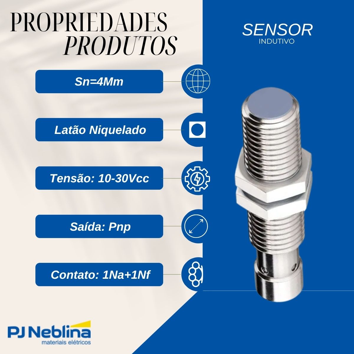 Sensor Indutivo Cilíndrico Roscado Sn=4Mm M12X1,00Mm Latao Niquelado 4 Fios 10-30Vcc Conector M12 4 Pinos Pnp 1Na+1Nf 1 Led - Weg