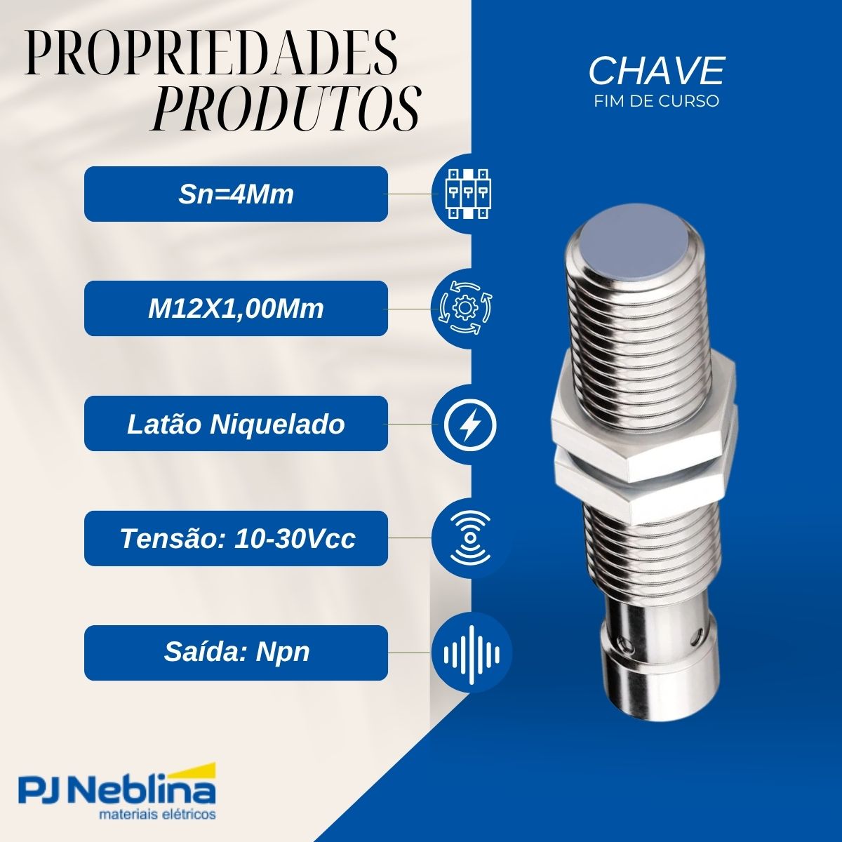 Sensor Indutivo Cilindrico Roscado Sn=4Mm M12X1,00Mm Latao Niquelado 4 Fios 10-30Vcc Conector M12 4 Pinos Npn 1Na+1Nf 1 Led - Weg