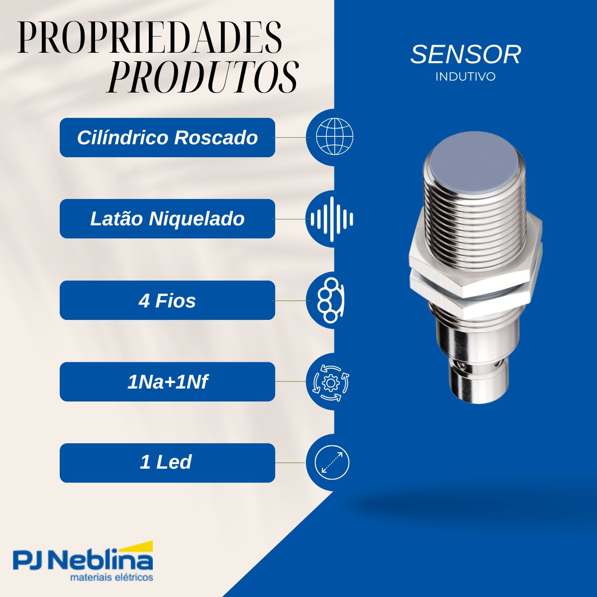 Sensor Indutivo Cilíndrico Roscado Sn=8Mm M18X1,00 mm Latão Niquelado 4 Fios 10-30Vcc Conector M12 4 Pinos Pnp 1Na+1Nf 1 Led - Weg