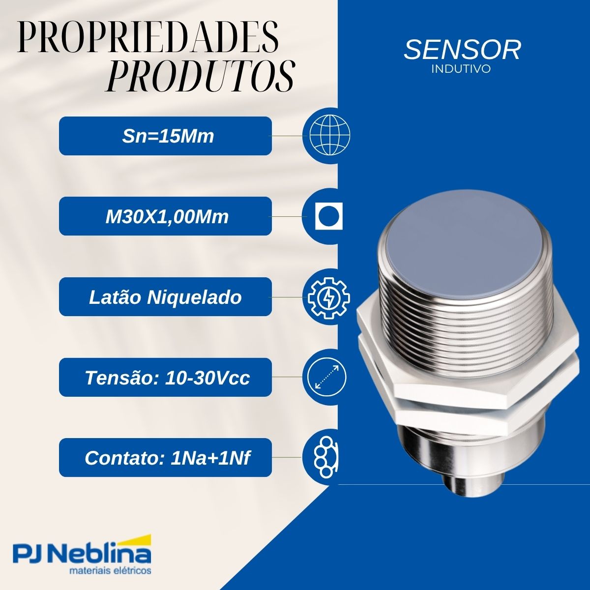 Sensor Indutivo Cilíndrico Roscado Sn=15Mm M30X1,50Mm Latao Niquelado 4 Fios 10-30Vcc Conector M12 4 Pinos Npn 1Na+1Nf 1 Led - Weg