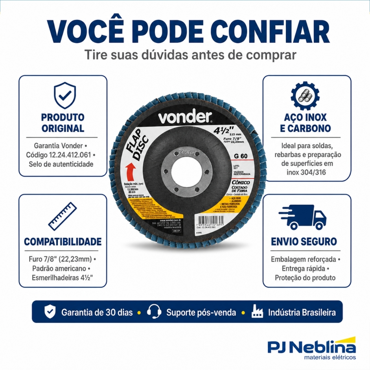 Disco Desbaste Flap 4.1/2X115Mm 7/8 22,23Mm G60 13300Rpm Aço Inox/Carbono Perfil Cônico/Costado Fibra Vidro - Vonder