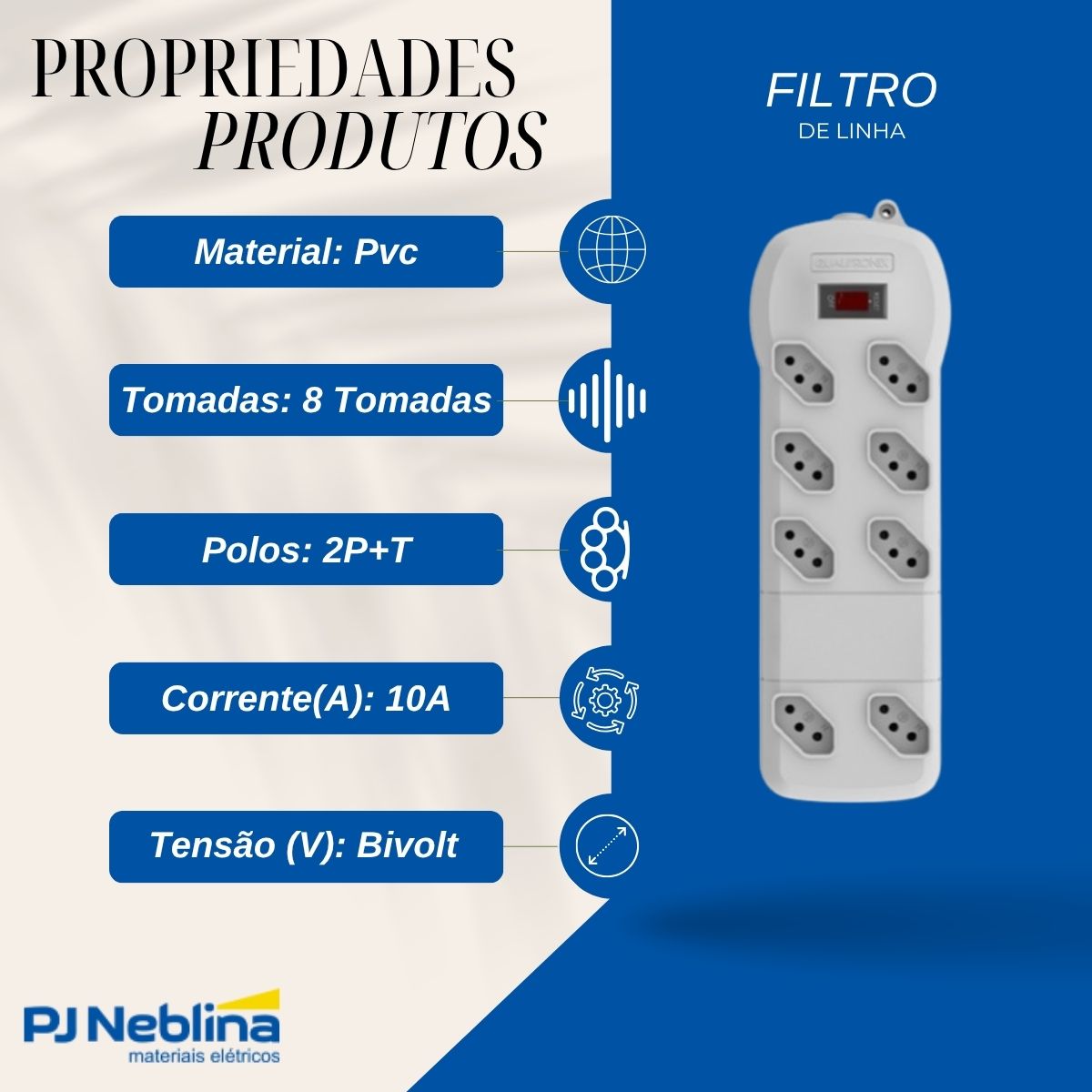 Filtro De Linha Pvc 8 Tomadas 2P+T 10A Bivolt Branco - Qualitronix