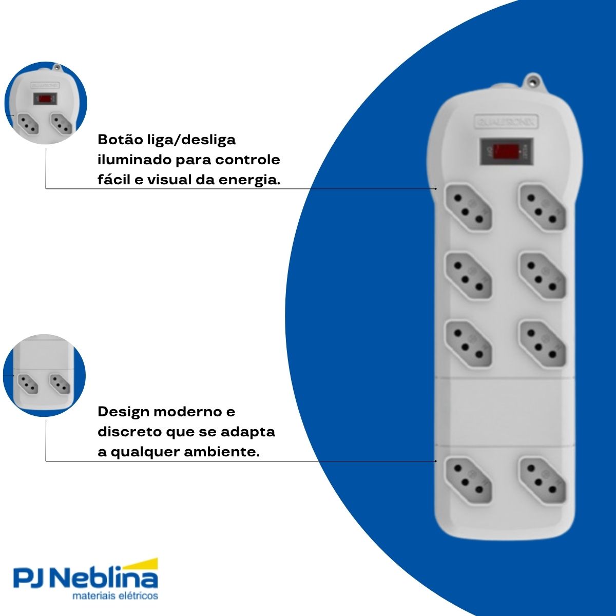 Filtro De Linha Pvc 8 Tomadas 2P+T 10A Bivolt Branco - Qualitronix