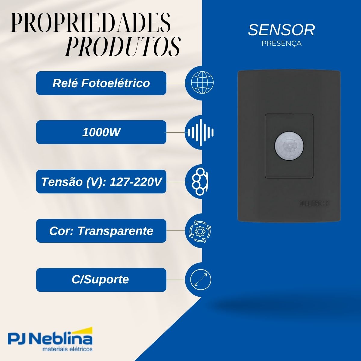 Sensor Presença C/Fotocélula Embutir Parede Bivolt Alcance 10M Preto Placa 4X2 - Qualitronix