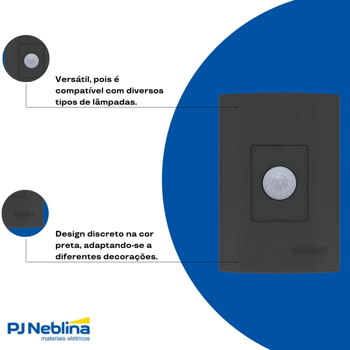 Sensor Presença C/Fotocélula Embutir Parede Bivolt Alcance 10M Preto Placa 4X2 - Qualitronix