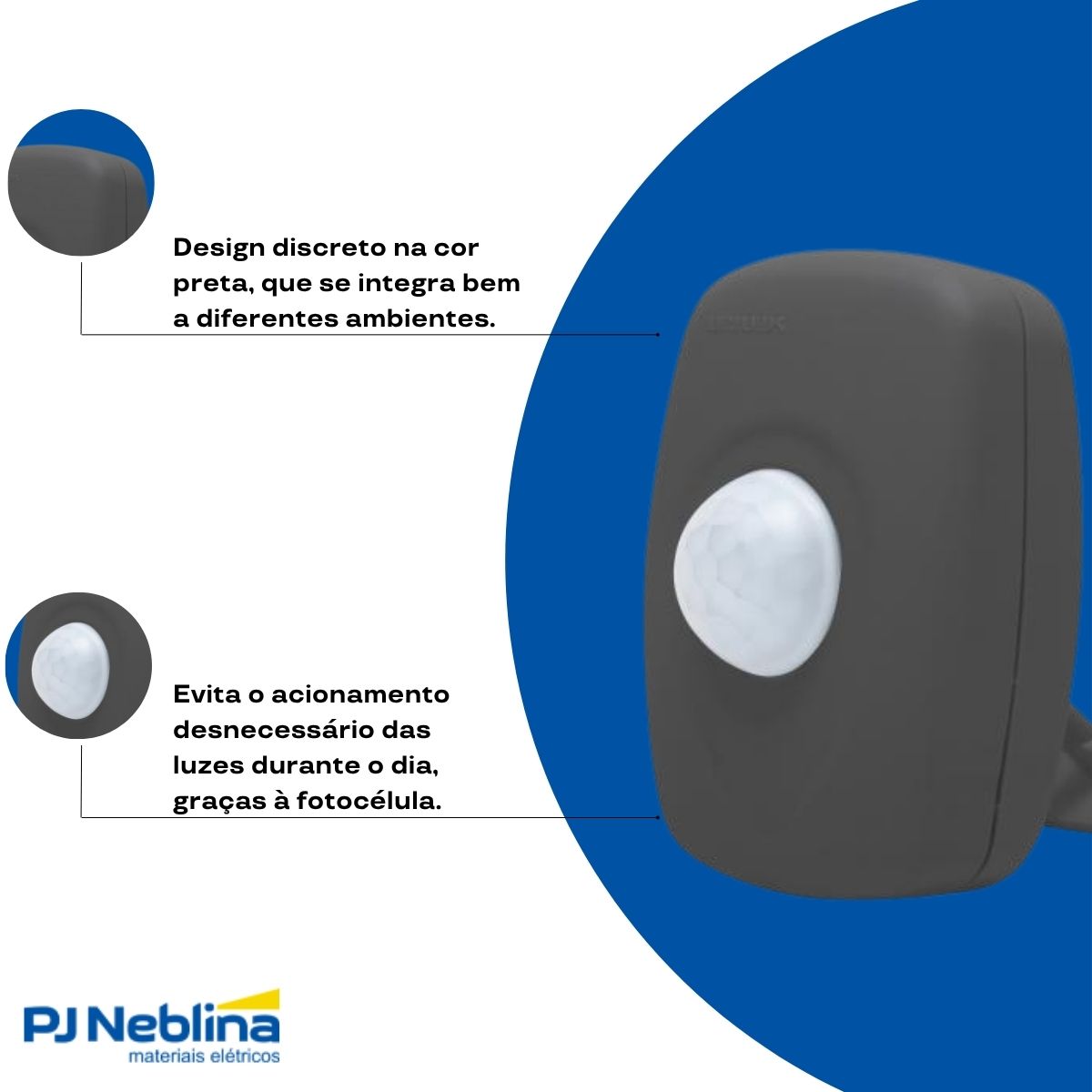 Sensor Presença C/Fotocélula Sobrepor Parede Bivolt Alcance 10M Preto - Qualitronix