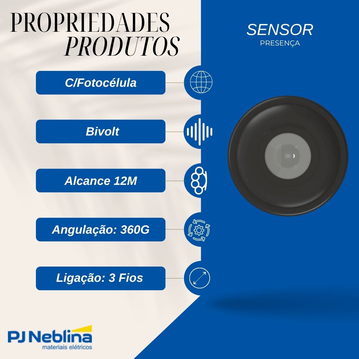 Sensor Presença C/Fotocélula Sobrepor/Embutir Teto Bivolt Alcance 12M Preto - Qualitronix